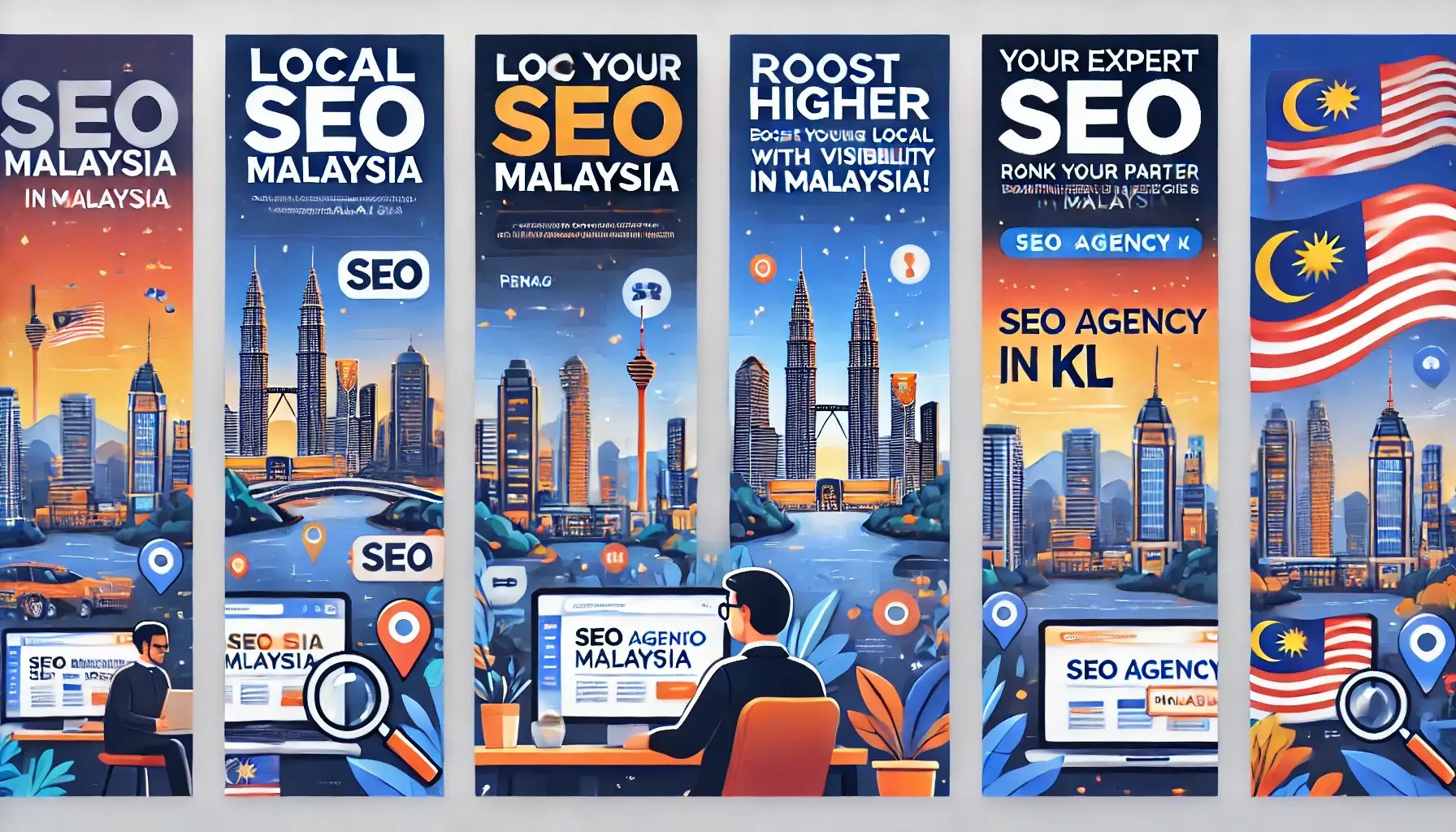 DALL·E 2024-09-08 21.41.15 - Create 3 engaging banners for a Local SEO Malaysia campaign. The first banner should focus on Local SEO Malaysia, showcasing vibrant cityscapes of K