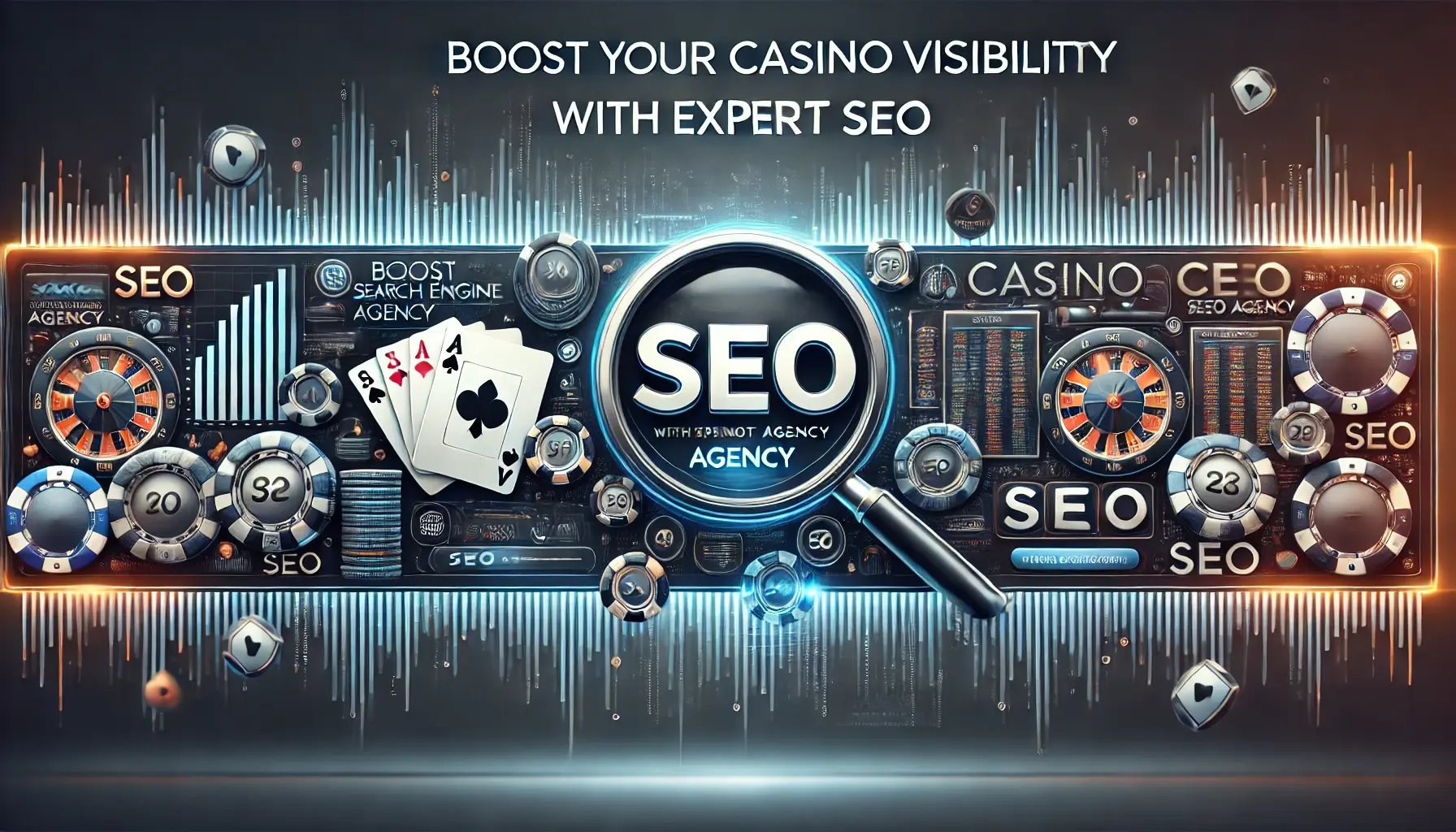 DALL·E 2024-09-08 22.10.14 - A professional SEO banner with the theme of Casino SEO Agency. The banner features a sleek, modern design with visuals of search engine graphs, magnif