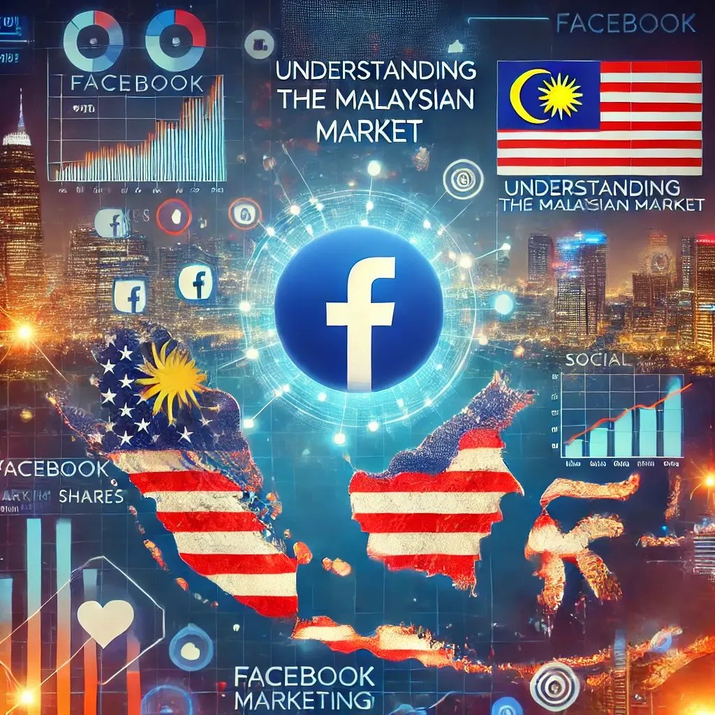 DALL·E 2024-09-08 22.27.02 - A vibrant digital marketing scene with a Facebook logo highlighted over the Malaysian map, showing key social media elements such as likes, shares, an