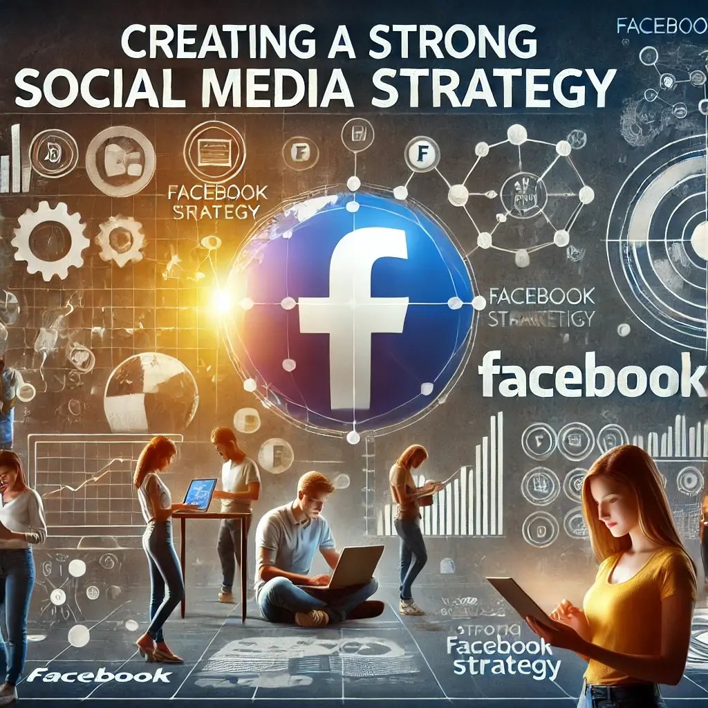 DALL·E 2024-09-08 22.27.06 - An image representing a robust social media strategy, featuring elements like a Facebook logo, charts, and people using digital devices. The image sho