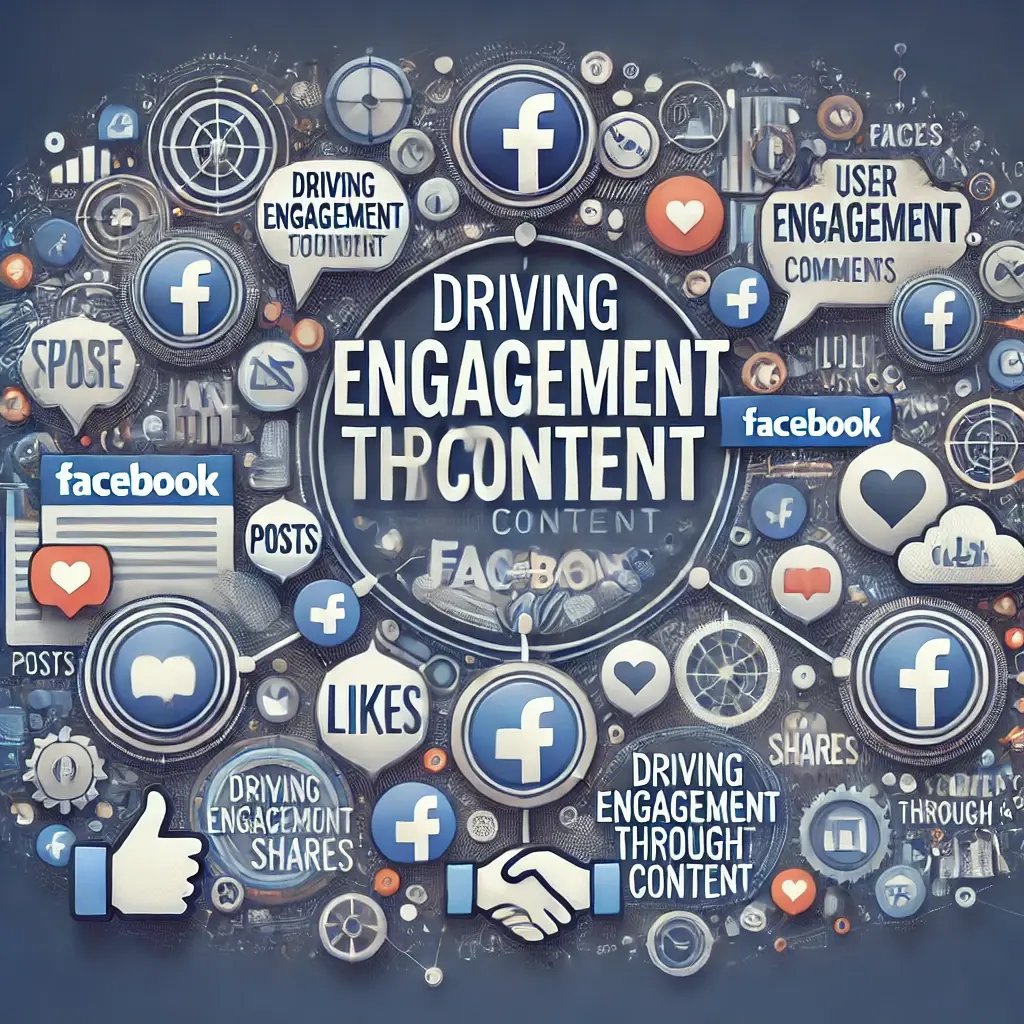 DALL·E 2024-09-08 22.27.12 - An engaging image showing the concept of driving engagement through Facebook content, with elements like posts, likes, comments, and shares. It should