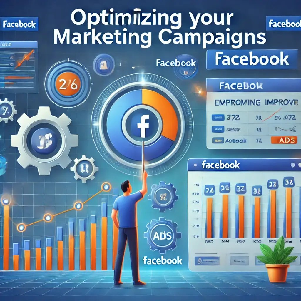 DALL·E 2024-09-08 22.27.19 - An image showing marketing optimization for Facebook, featuring a person adjusting settings, charts improving, and Facebook ads. It should convey the 