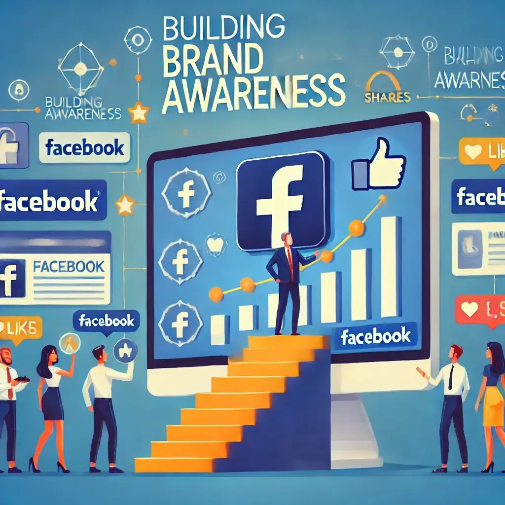 DALL·E 2024-09-08 22.27.22 - An image representing brand awareness on Facebook, featuring a business logo growing larger, people recognizing the brand, and social media elements l